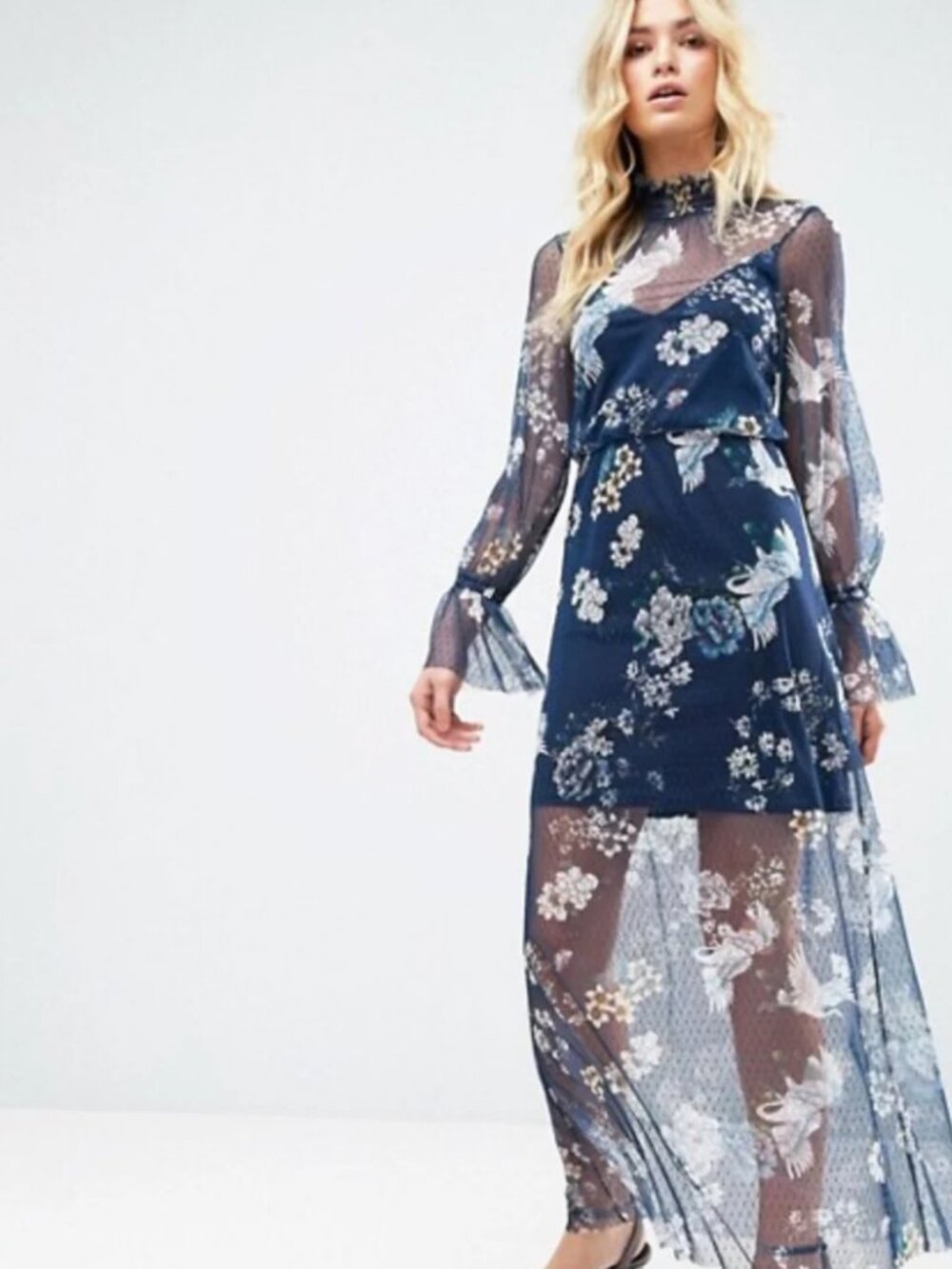 Asos Printed Mesh Floral Dress with crane print